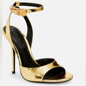 VERSACE Metallic Gold Safety Pin High-Heel Leather Sandals 37.5 7.5